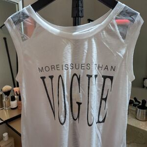 White Graphic Tank Top Medium “More Issues Than Vogue” Sheer Mesh Shoulder